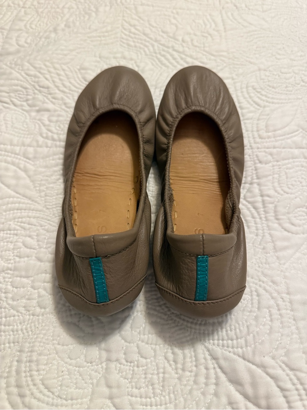 Tieks Taupe Leather Ballet Flats with Teal Heel Stripe